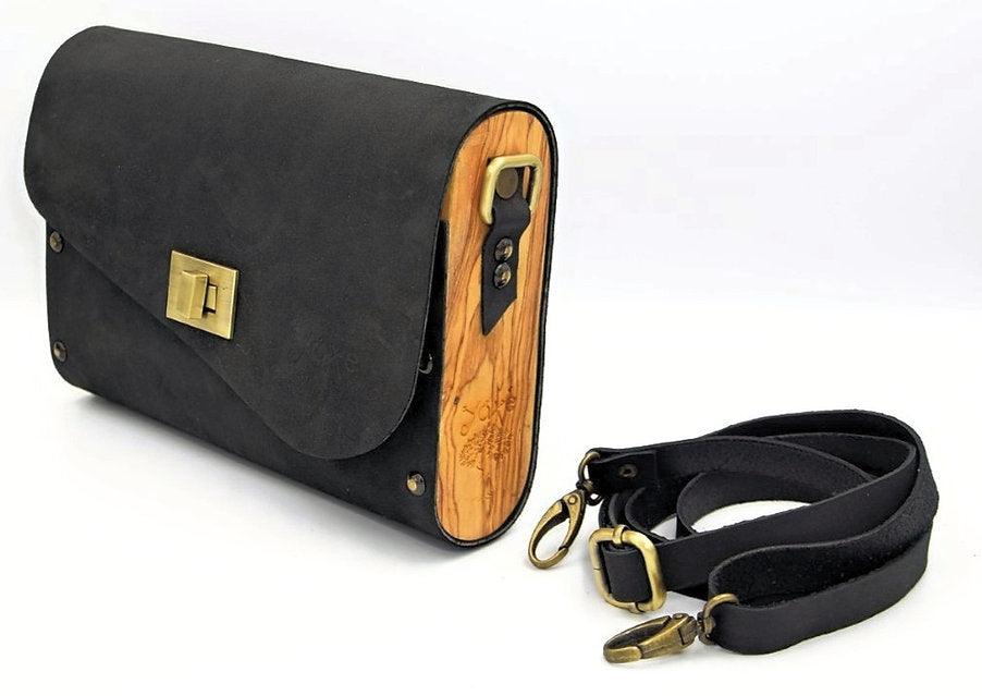 Black matt nubuck leather wood women bag