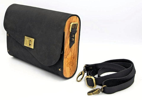 Black matt leather wood women bag nubuck