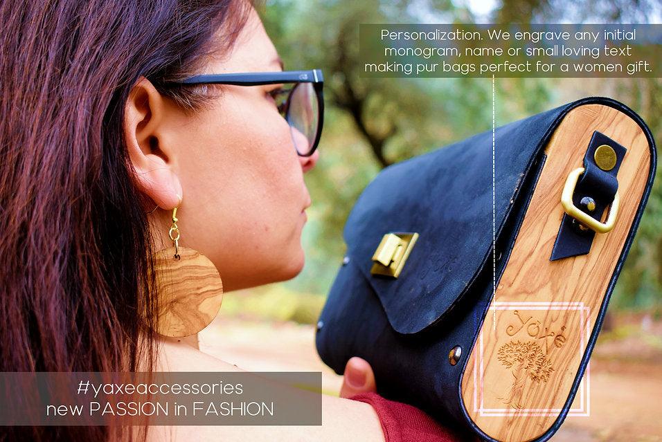Black matt nubuck leather wood women bag