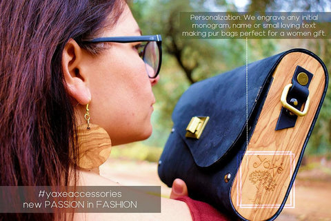 Black matt leather wood women bag nubuck
