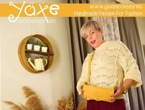 Yellow small clutch women bag from leather and wood - Handmade bags & jewelry Bags