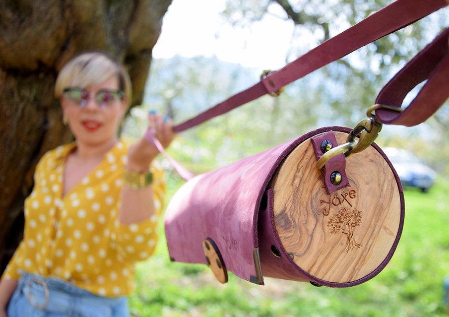 Thassos Olive Wood & Nubuck Leather Cylinder Crossbody Bag