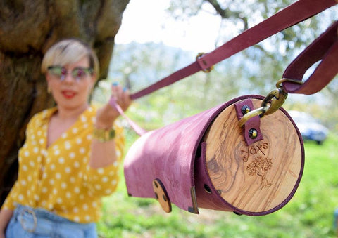 Purple cylinder leather and wood women bag - Handmade bags & jewelry Bags