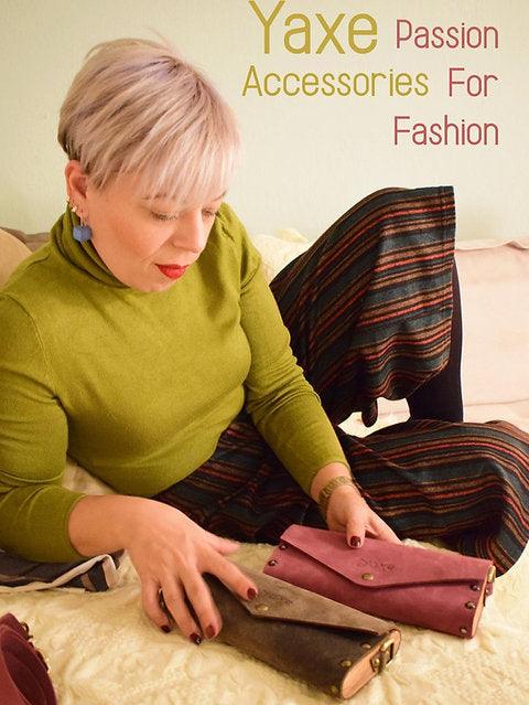 Purple small clutch women bag from leather and wood
