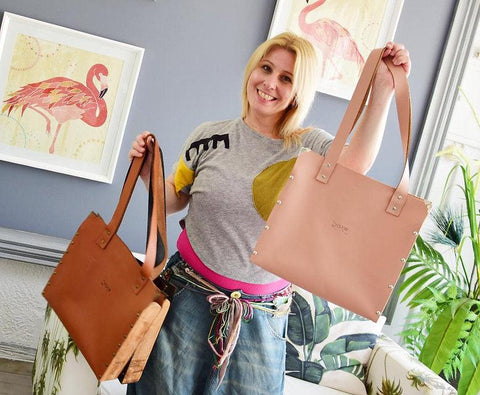 Pink tote women bag from leather and olive tree wood