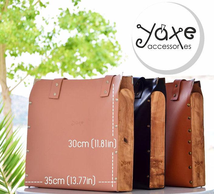 Pink tote women bag from leather and olive tree wood