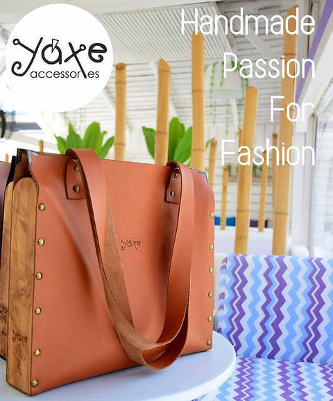 Whisky brown tote women bag from leather and olive tree wood