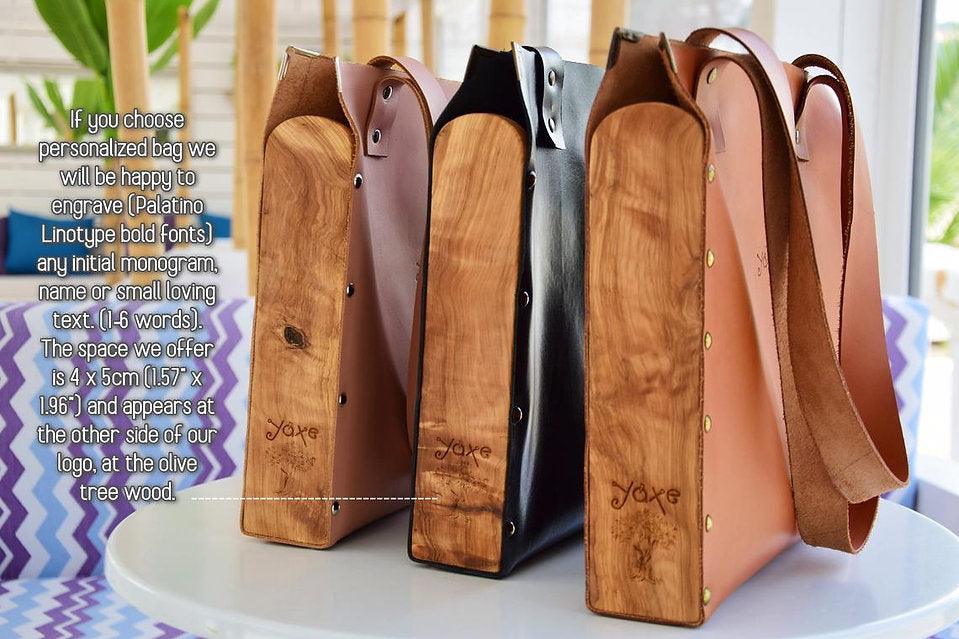 Pink tote women bag from leather and olive tree wood
