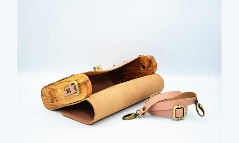 Pink leather wood women bag