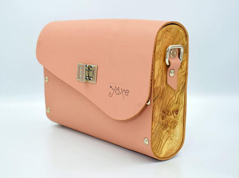 Pink leather wood women bag