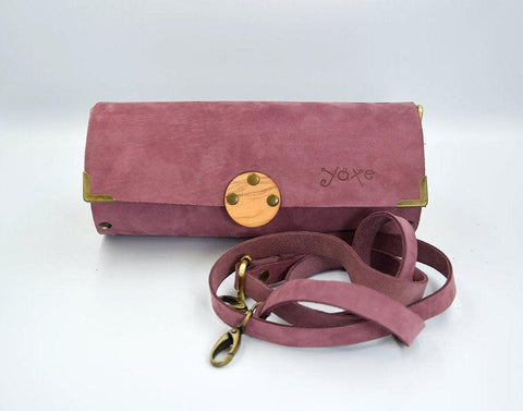 Purple cylinder leather and wood women bag