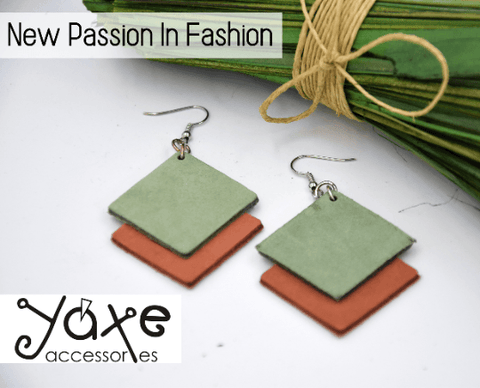 Red brick square and mint geometrical leather earrings
