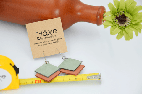 Red brick square and mint geometrical leather earrings