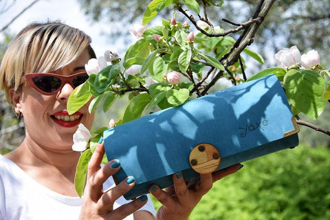 Blue cylinder leather and wood women bag