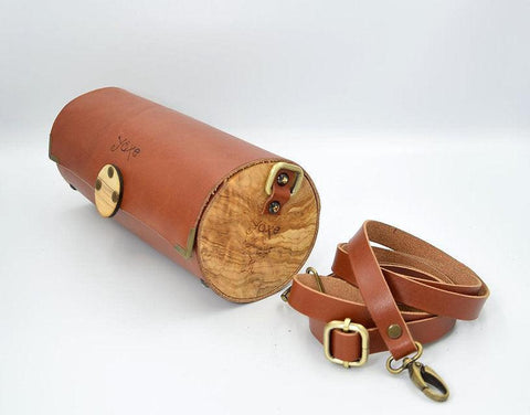 Tampa brown cylinder leather and wood women bag
