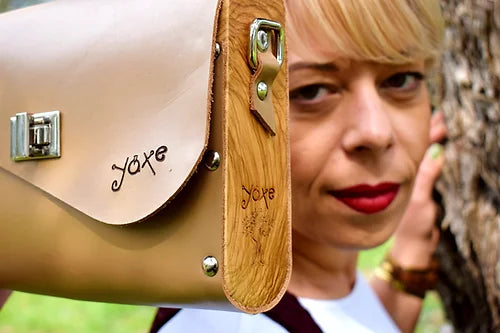 Elegant Handmade Leather Wood Bag Begie sand Clutch Crossbody