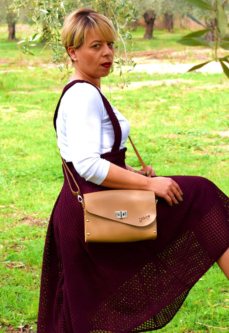 Elegant Handmade Leather Wood Bag Begie sand Clutch Crossbody
