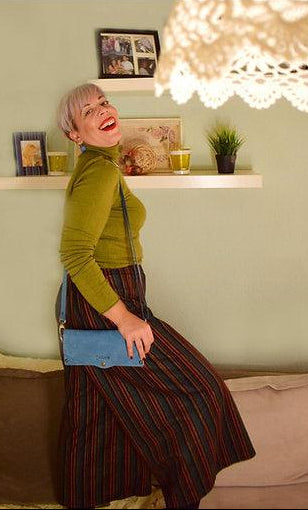Blue small clutch women bag from leather and wood