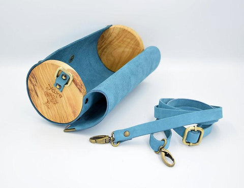 Blue cylinder leather and wood women bag
