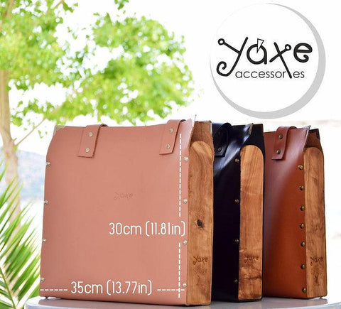 Whisky brown tote women bag from leather and olive tree wood