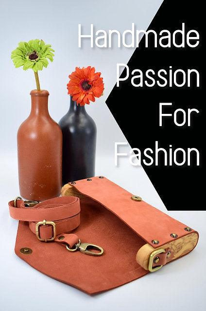 Teracotta small clutch women bag from leather and wood