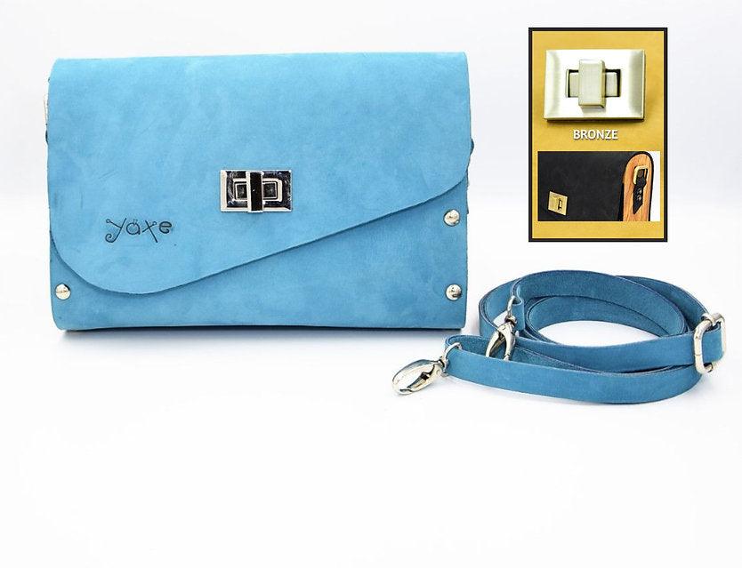 Blue matt leather olive wood women bag