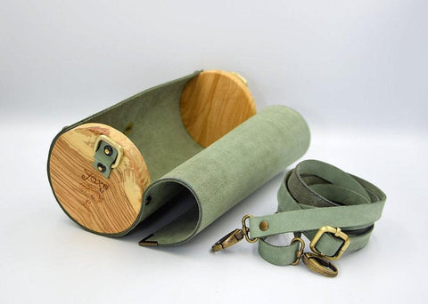 Mint green cylinder leather and wood women bag