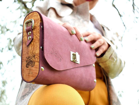 Purple leather wood women bag