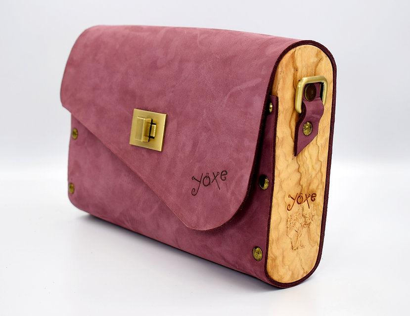Elegant Purple Leather Wooden Bag