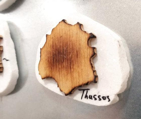 Thassos white marble and wooden map as souvenir magnet