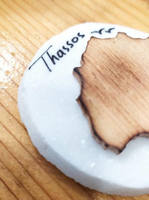 Thassos white marble and wooden map as souvenir magnet