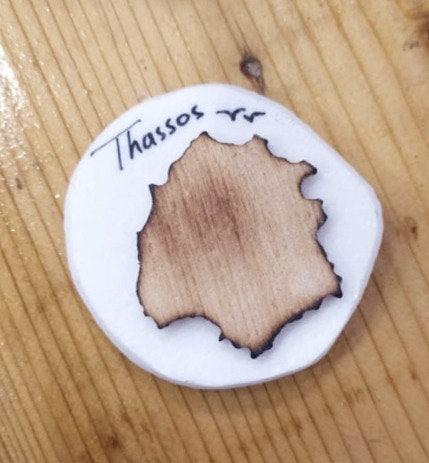 Thassos white marble and wooden map as souvenir magnet