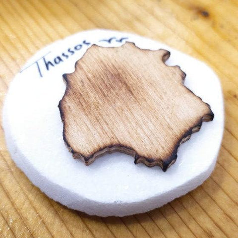 Thassos white marble and wooden map as souvenir magnet