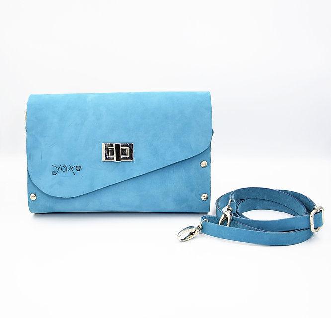 Blue matt leather olive wood women bag