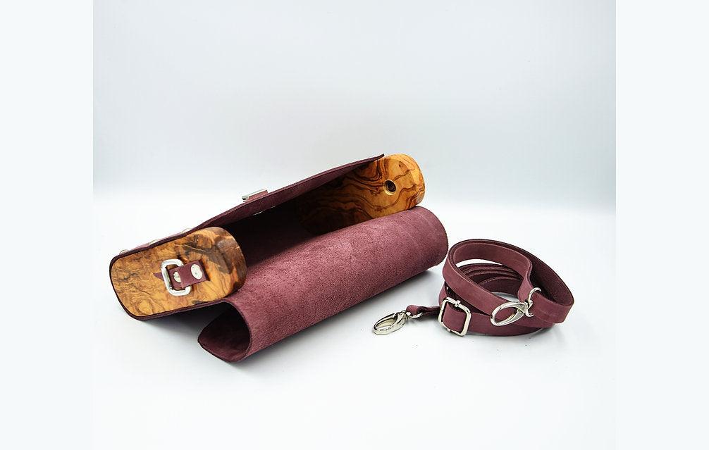 Elegant Purple Leather Wooden Bag