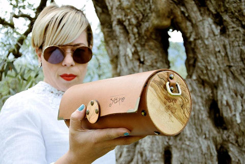 Whisky brown cylinder leather and wood women bag - Handmade bags & jewelry Bags