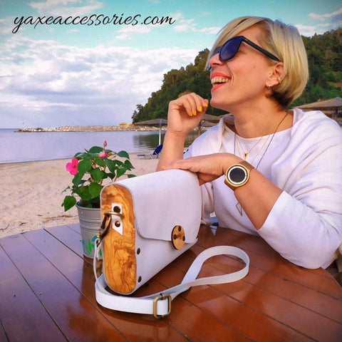 Sophisticated White Leather & Wood Accent Women's Handbag - Handmade bags & jewelry Bags