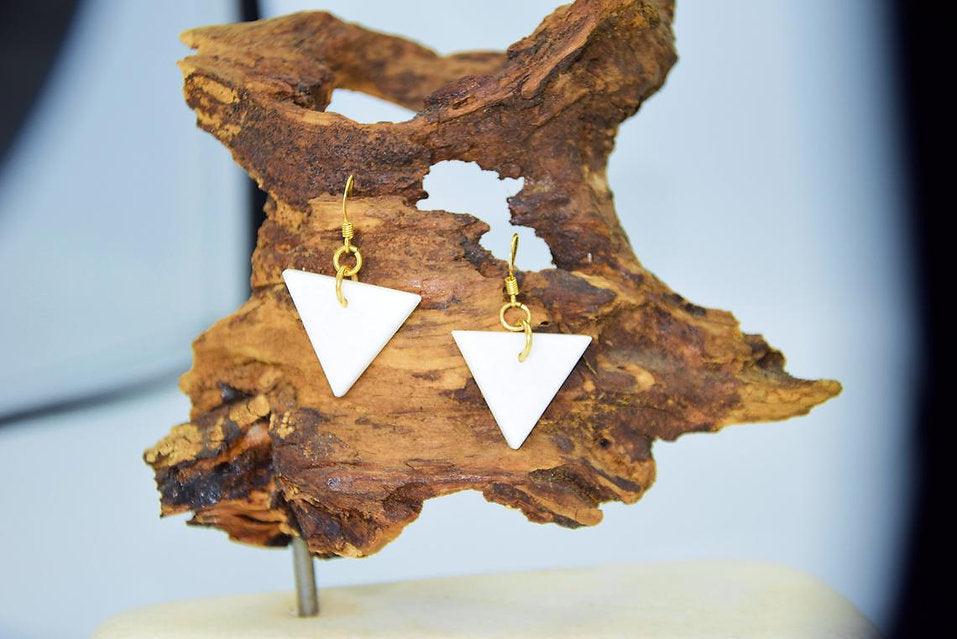 White marble earrings triangle shape statement drop