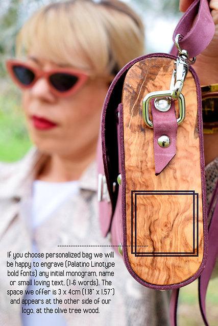 Purple leather wood women bag