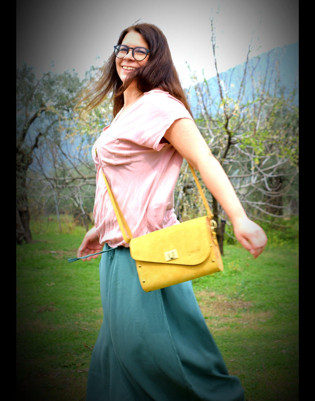 Yellow leather wood women bag