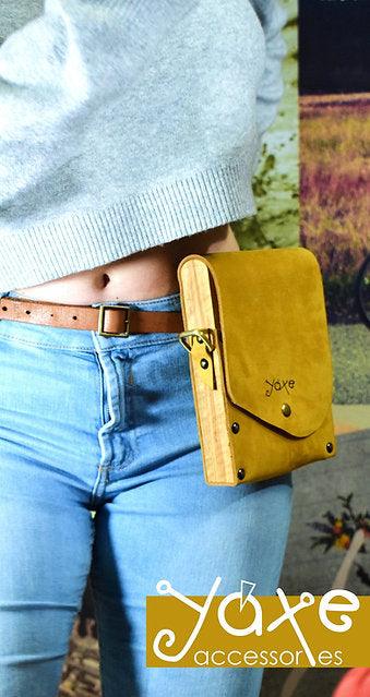 Yellow belt bag from leather and wood