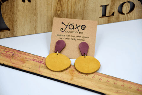 Yellow circle and purple teardrop leather earrings