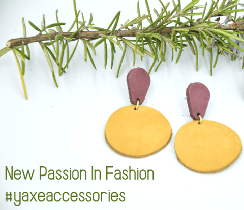 Yellow circle and purple teardrop leather earrings