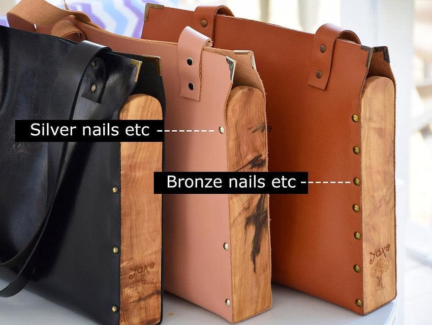 Pink tote women bag from leather and olive tree wood