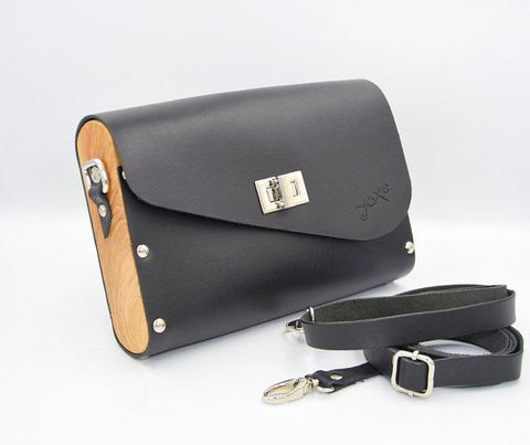 Black women bag from leather and wood