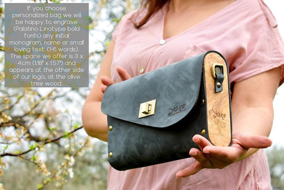 Gray leather wood women bag