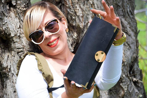 Black cylinder leather and wood women bag - Handmade bags & jewelry Bags