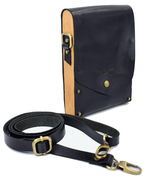 Black belt bag from leather and wood