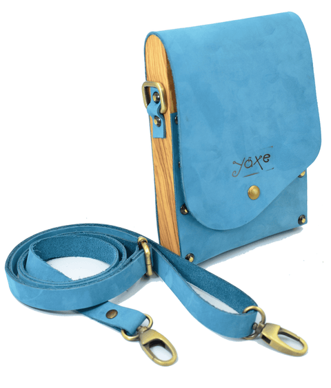 Blue unisex belt bag from leather and wood