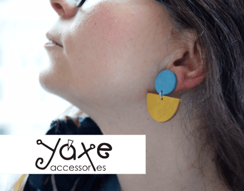 blue circle yellow semicircle leather earrings